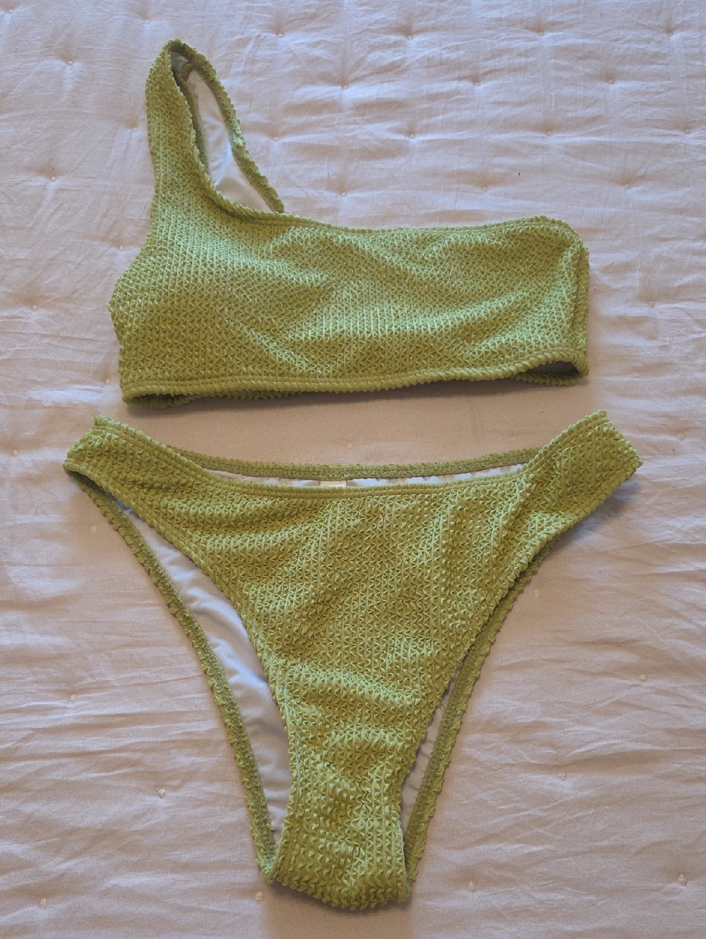 One-Shoulder Olive Green Textured Bikini Set